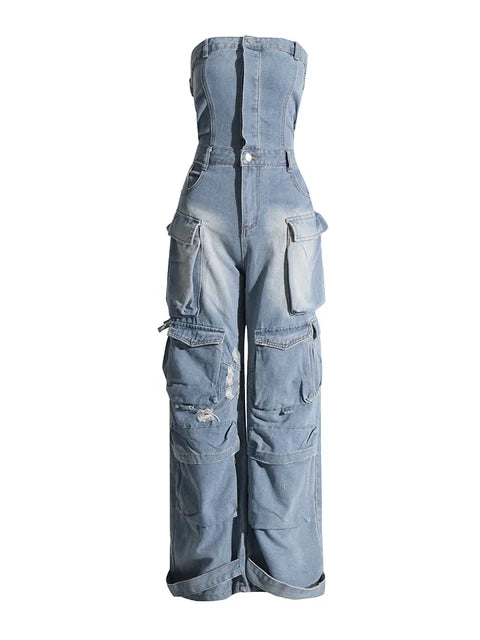 WASHED SLIM WAIST DENIM JUMPSUIT