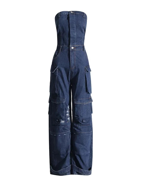 WASHED SLIM WAIST DENIM JUMPSUIT