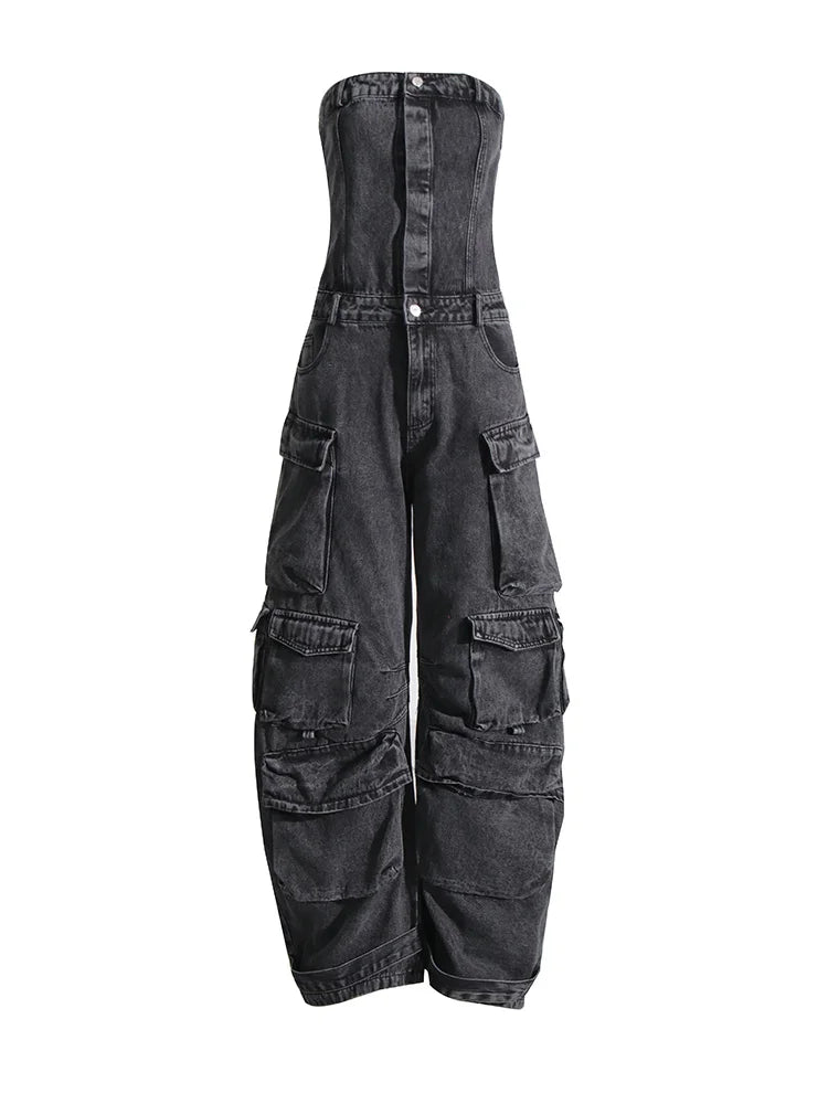 WASHED SLIM WAIST DENIM JUMPSUIT